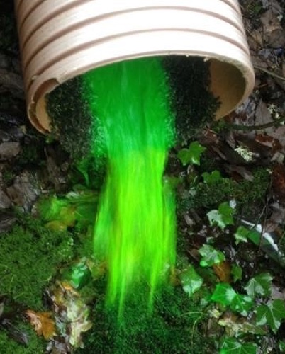 A pipe with green dyed water.  Part of a Surface Water Survey 